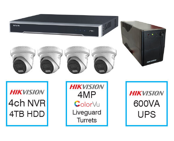 Hikvision Camera Kit with 4MP Acusense Turret Cameras & UPS | Includes 4TB HDD