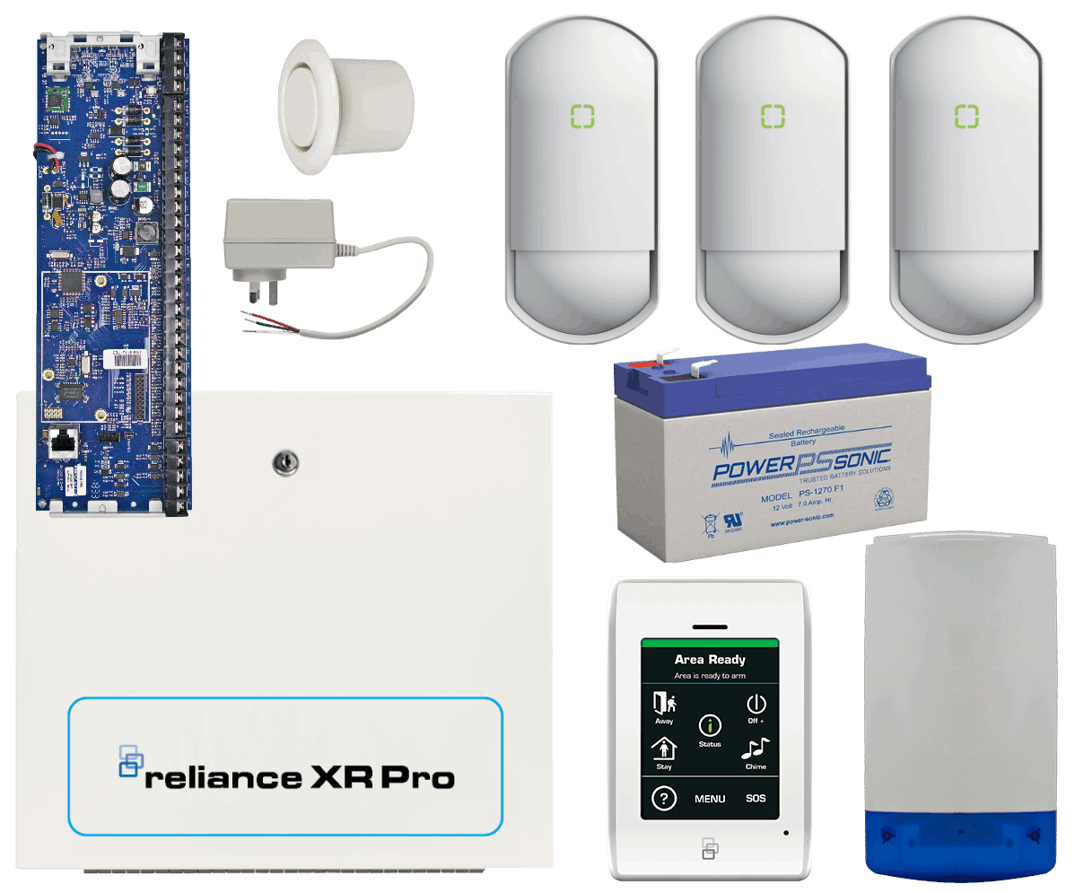 Hills Reliance XR alarm kit with touchscreen keypad, siren and 3 PIR motion detectors