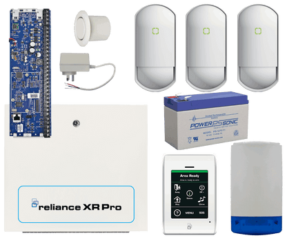 Hills Reliance XR alarm kit with touchscreen keypad, siren and 3 PIR motion detectors