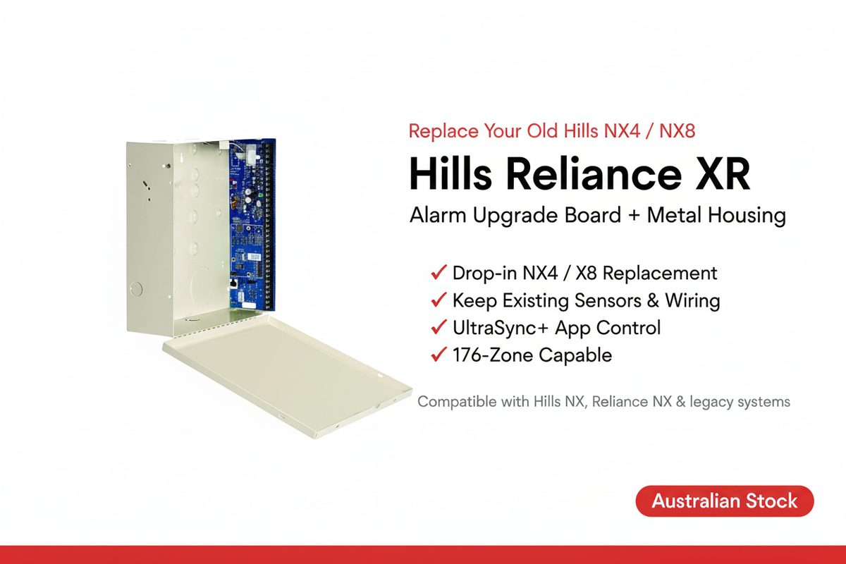 Hills Reliance XR alarm upgrade board in metal housing – drop-in replacement for Hills NX4 and NX8 panels, keep existing sensors and wiring, UltraSync+ compatible