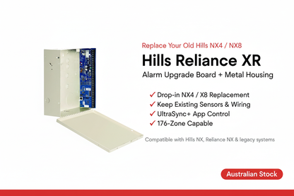 Hills Reliance XR alarm upgrade board in metal housing – drop-in replacement for Hills NX4 and NX8 panels, keep existing sensors and wiring, UltraSync+ compatible
