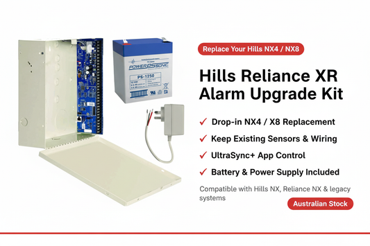 Hills Reliance XR alarm upgrade kit with metal housing, PowerSonic backup battery and power supply – drop-in replacement for Hills NX4 and NX8 panels, UltraSync+ compatible