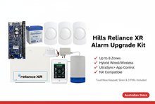 Hills Reliance XR alarm upgrade kit with TouchNav touchscreen keypad, 3 PIR motion detectors, outdoor siren and power supply – 8-zone hybrid wired/wireless UltraSync+ compatible
