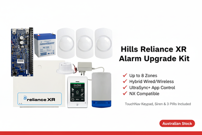 Hills Reliance XR alarm upgrade kit with TouchNav touchscreen keypad, 3 PIR motion detectors, outdoor siren and power supply – 8-zone hybrid wired/wireless UltraSync+ compatible