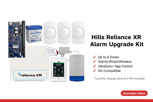 Hills Reliance XR alarm upgrade kit with TouchNav touchscreen keypad, 3 PIR motion detectors, outdoor siren and power supply – 8-zone hybrid wired/wireless UltraSync+ compatible