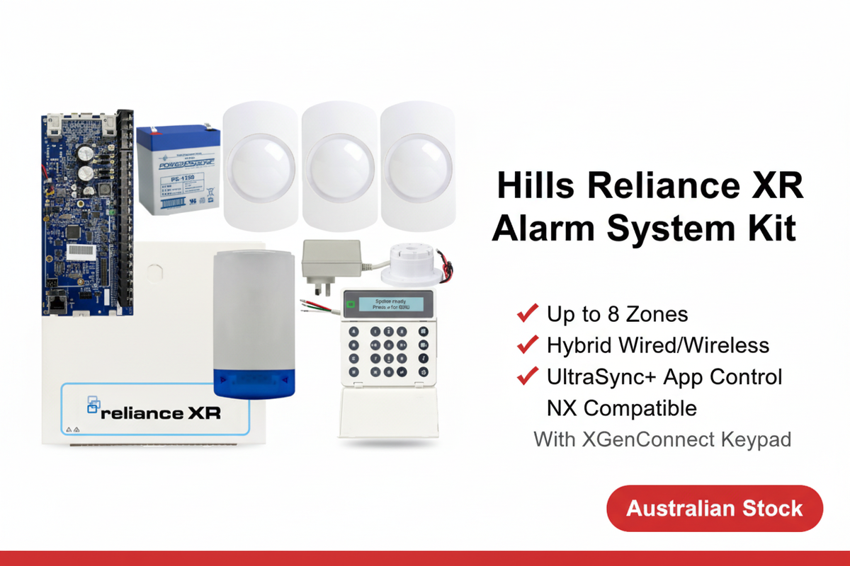 Hills Reliance XR alarm system kit with XGenConnect keypad, PIR motion detectors, outdoor siren and power supply – 8-zone hybrid wired/wireless UltraSync+ compatible panel