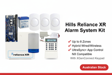 Hills Reliance XR alarm system kit with XGenConnect keypad, PIR motion detectors, outdoor siren and power supply – 8-zone hybrid wired/wireless UltraSync+ compatible panel