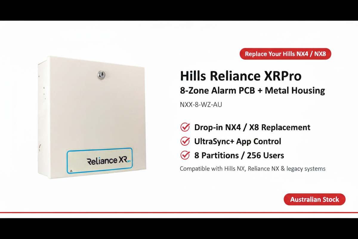 Hills Reliance XRPro 8-zone alarm PCB in metal housing NXX-8-WZ-AU – drop-in replacement for Hills NX4 and NX8 panels, expandable to 176 zones, UltraSync+ compatible
