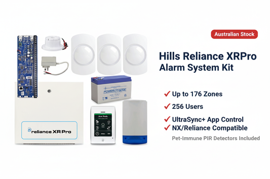 Hills Reliance XRPro alarm system kit with TouchNav keypad, pet-immune PIR motion detectors, outdoor siren and strobe, indoor siren, power supply and backup battery – 176-zone UltraSync+ compatible panel
